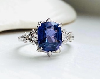 Platinum Elven Engagement Ring: 3.5ct Purple Sapphire, Lab Grown Diamonds