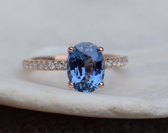 Denim Blue Sapphire Engagement Ring. Blake Lively ring. Oval cut 14k rose gold diamond ring 2ct blue sapphire ring by Eidelprecious