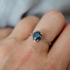 Blue Green sapphire ring. Peacock engagement ring. Oval Teal sapphire ring. 14k Rose gold engagement ring by Eidelprecious image 4
