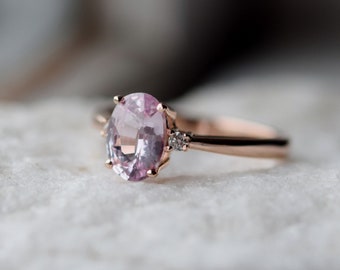 Blush sapphire engagement ring. Light peach pink sapphire 1.5ct oval diamond ring 14k Rose gold. Engagement ring by  Eidelprecious