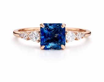 Square Blue Sapphire and Diamonds Engagement Ring 14k Rose Gold, Natural Parti Sapphire