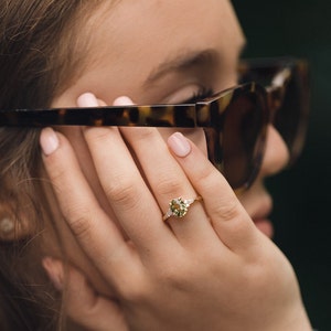 Olive green sapphire engagement ring. Yellow gold engagement ring. Green sapphire ring. Oval Sapphire ring by Eidelprecious