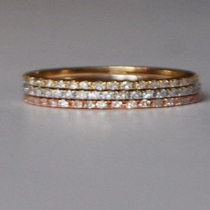 Stackable delicate wedding bands. Full eternity diamond wedding band. 14k WHITE Gold, or ROSE gold, or YELLOW gold skinny infinity band image 2