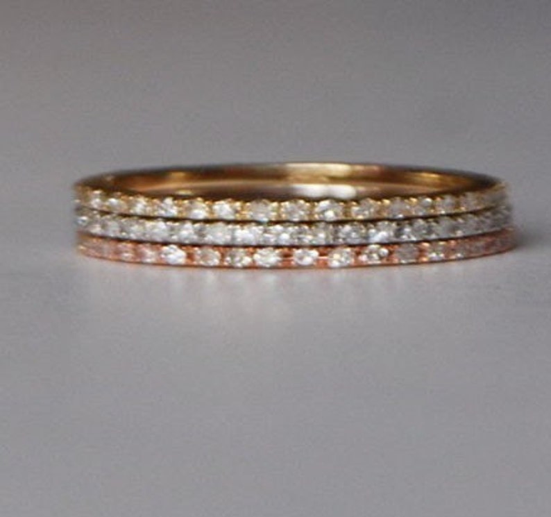 Stackable delicate wedding bands. Full eternity diamond wedding band. 14k WHITE Gold, or ROSE gold, or YELLOW gold skinny infinity band image 2