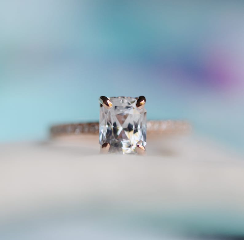 White Sapphire Engagement Ring Radiant Cut White Sapphire Ring Etsy