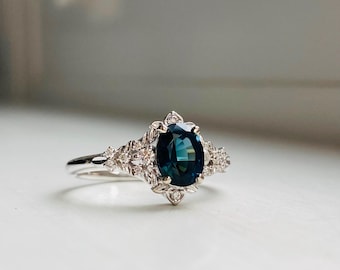 Arwen deep teal blue sapphire ring. Fantasy Elvish Engagement ring , 14k white Gold diamond cluster whimsical ring. Romantic fantasy ring.