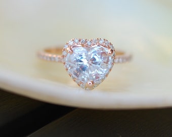 Engagement ring. Heart sapphire rose gold ring. 2.25ct Heart white sapphire 14k rose gold diamond ring engagement ring