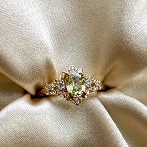 Arwen jasmine sapphire engagement ring. Fantasy ring. Gold engagement ring. Light yellow green sapphire and diamond ring Eidelprecious