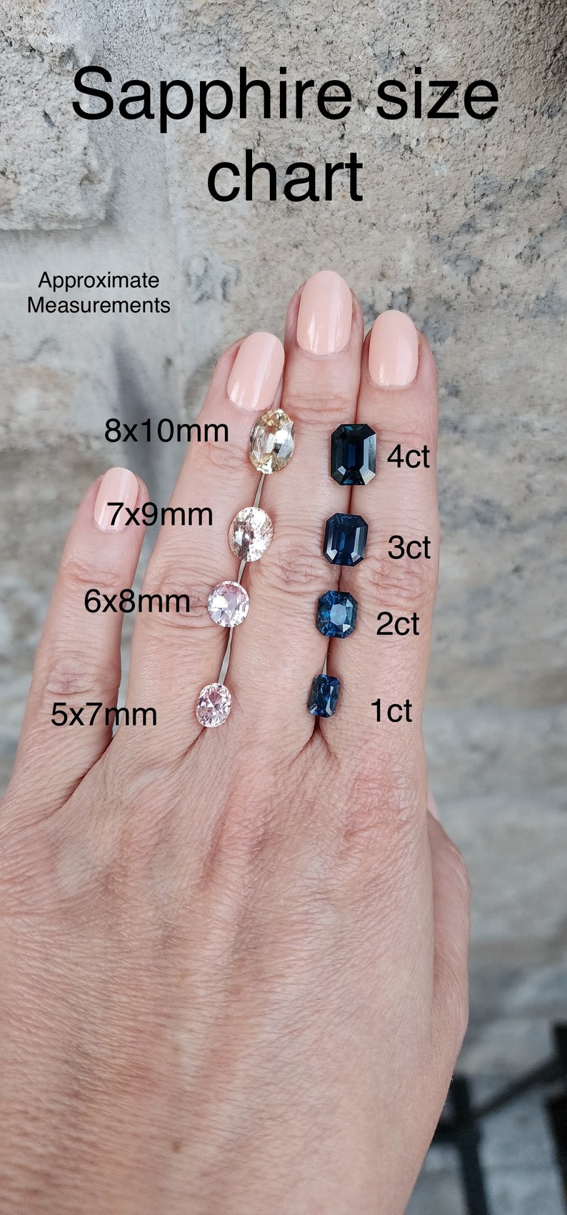 May include: A hand model wearing clear nail polish displays a size chart for sapphires. The chart shows the approximate measurements in millimeters and the corresponding carat weight for each sapphire. The sapphires are oval-shaped and range in size from 1 to 4 carats.