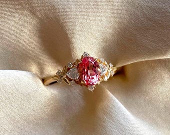 Pink sapphire ring. Fantasy ring. Whimsical gold engagement ring. Enchanted sapphire and diamond ring by Eidelprecious