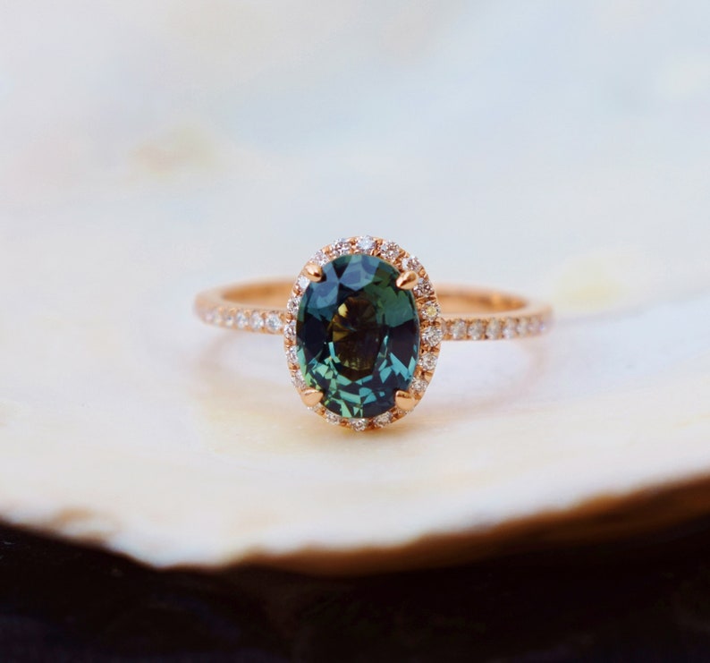 Green sapphire engagement ring. Peacock green sapphire 3ct oval halo diamond ring 14k Rose gold. Engagement rings image 2