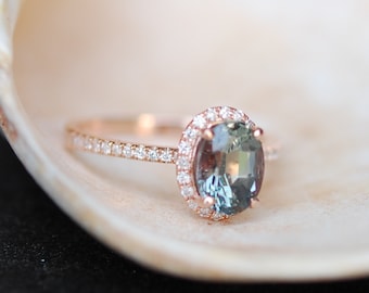 Green blue sapphire engagement ring. Mint sapphire 2.05ct oval halo diamond  ring 14k Rose gold.