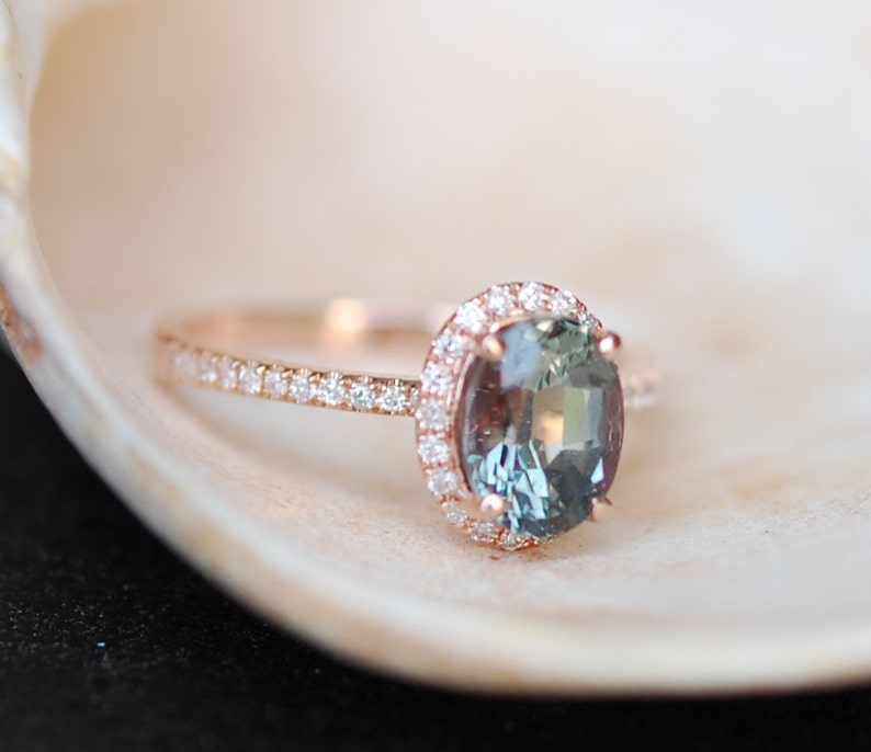 Green blue sapphire engagement ring. Mint sapphire 2.05ct oval halo diamond ring 14k Rose gold. image 1