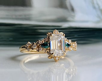 Arwen Emerald Moissanite engagement ring gold. Enchanted Fantasy ring. 14k yellow Gold moissanite engagement ring. Unique promise ring