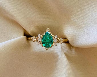 Dela Emerald Enchanted Engagement Ring Gold. Pear cut Fantasy moissanite ring Unique 14k gold ring for romantic bride