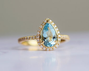 Aquamarine ring gold, diamonds. Engagement Ring. Pear cut 14k yellow gold diamond ring by Eidelprecious