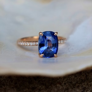 Cornflower blue sapphire ring. Cushion blue sapphire ring 2.8ct cushion sapphire diamond  ring 14k Rose gold ring. Blake ring Eidelprecious