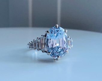 Elsa Huge Ice Blue Sapphire Engagement Ring. Natural 7.5ct Oval Light Blue Sapphire White Gold Ring with Baguette Lab Grown Diamonds.