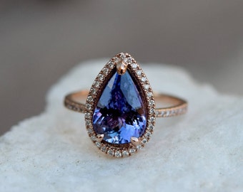 Tanzanite Ring. Rose Gold Engagement Ring Lavender Tanzanite pear cut engagement ring 14k rose gold ring by Eidelprecious.