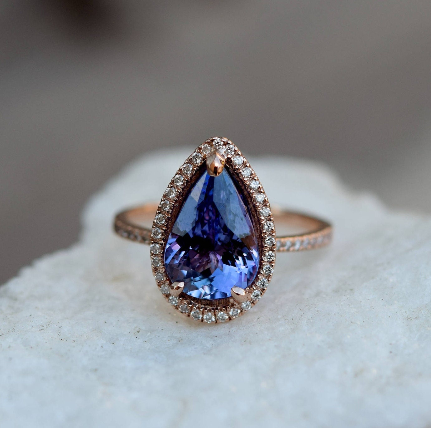 Tanzanite Ring. Rose Gold Engagement Ring Lavender Tanzanite pear cut ...