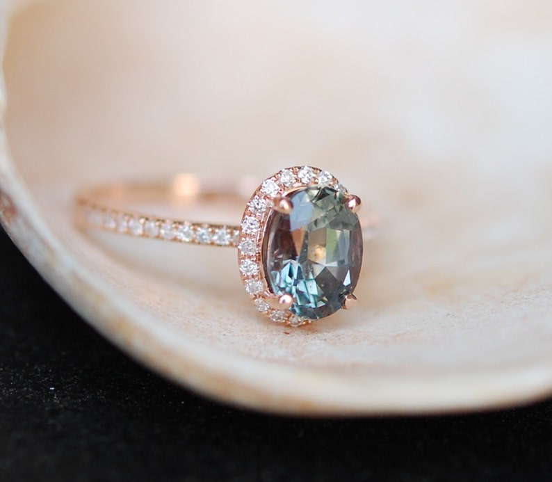 Green blue sapphire engagement ring. Mint sapphire 2.05ct oval halo diamond ring 14k Rose gold. image 3
