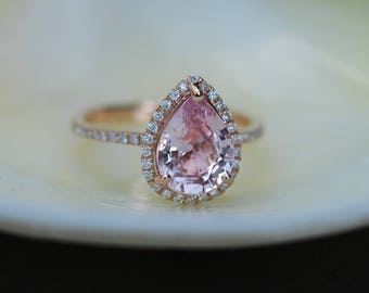 Engagement Ring Peach champagne Sapphire Engagement Ring 14k Rose Gold 1.7ct, Pear Peach. Sapphire Ring. Engagement ring