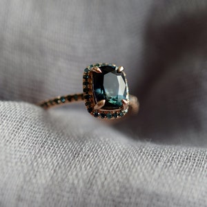 Blue Green sapphire engagement ring. Peacock sapphire oval halo blue green diamond ring 14k Rose gold ring by Eidelprecious