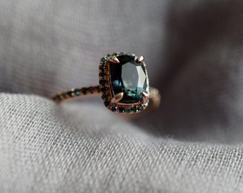 Blue Green sapphire engagement ring. Peacock sapphire oval halo blue green diamond ring 14k Rose gold ring by Eidelprecious