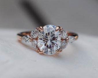 Trillium Moissanite engagement ring. Oval engagement ring. Diamond cluster ring. Rose Gold Engagement Ring. Diamond ring by Eidelprecious