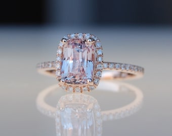 Ice peach champagne sapphire 14k rose gold diamond ring engagement ring, cushion sapphire. Engagement ring by Eidelprecious