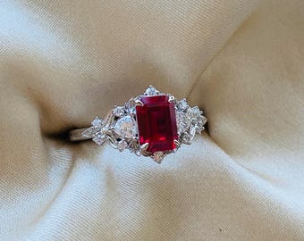 Greta2 Ruby Engagement Ring Gold. Elvish Emerald cut Ruby Moissanite Diamond Engagement Ring Whimsical Fantasy Ring Fairytale Ring