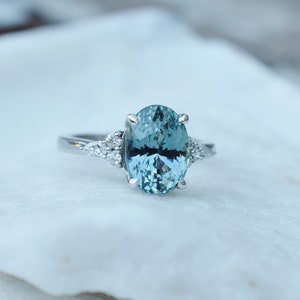 Lagoon sapphire engagement ring. Blue green sapphire 3.7ct oval diamond Campari ring Platinum ring by Eidelprecious