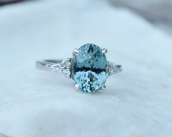 Lagoon sapphire engagement ring. Blue green sapphire 3.7ct oval diamond Campari ring Platinum ring by Eidelprecious