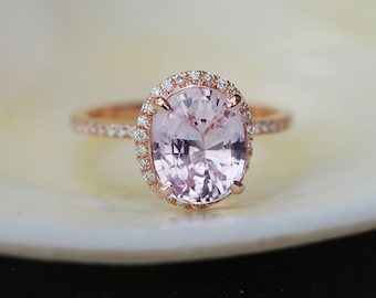 Ice Peach Sapphire Ring Rose Gold Engagement Ring 3.06ct oval 14k rose gold diamond ring. Engagement rings by Eidelprecious.