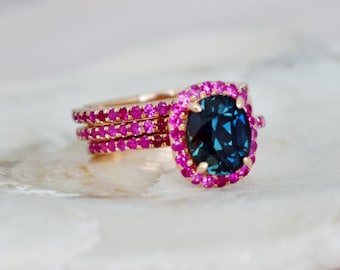 Cushion cut Ruby engagement ring. Unique Blue sapphire and Ruby ring. Alternative bridal set by Eidelprecious.