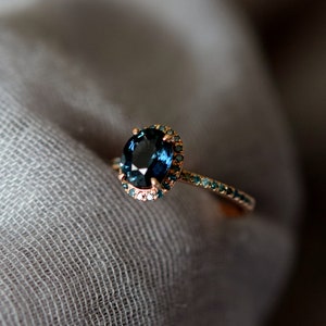 Blue Green sapphire ring. Peacock engagement ring. Oval Teal sapphire ring. 14k Rose gold engagement ring by Eidelprecious image 7