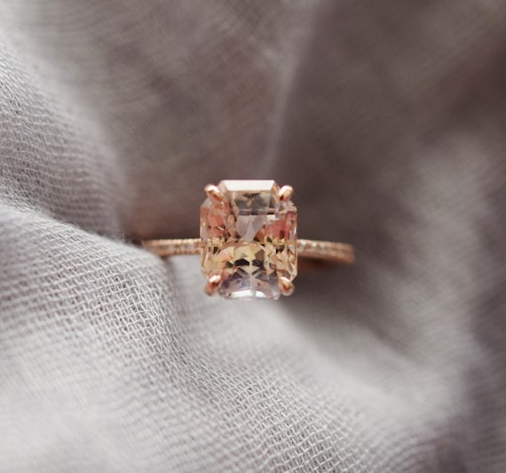 Champagne Sapphire Engagement Ring. Emerald Cut Champagne Sapphire