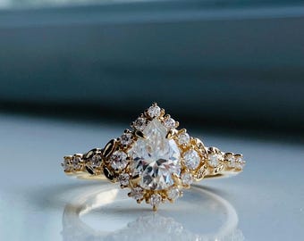 Kassandra Moissanite Lab Diamond engagement ring. Unique Fantasy gold engagement ring with moissanites or diamonds. Delicate intricate ring