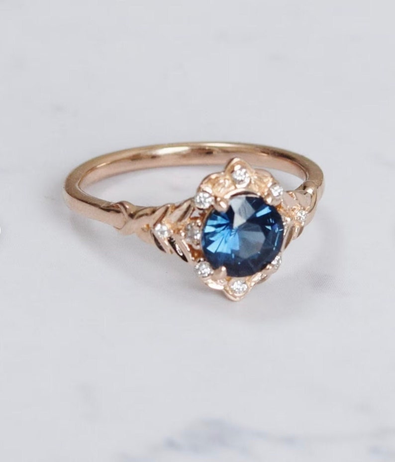 Vintage inspired Blue Sapphire Engagement Ring Round Sapphire Ring 14k Rose Gold, Multi Stone Ring Unique Sapphire Ring Elegant Vintage Ring image 6