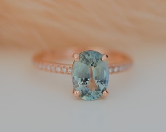 Teal sapphire engagement ring. 2.01ct blue green oval sapphire diamond ring. 14k Rose gold engagement ring. Solitaire Engagement rings.