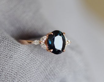 Green blue sapphire engagement ring. Peacock green sapphire 3ct oval diamond ring 14k Rose gold. Trillium Engagement ring by  Eidelprecious.