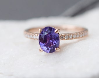 Purple Plum sapphire engagement ring. Rose gold ring. 14k engagement ring 1.58ct oval sapphire lavender sapphire ring by Eidelprecious