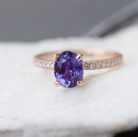 14k flower raw uncut diamond + sapphire plum engagement & wedding ring band  set - Shop Majade Jewelry Design Couples' Rings - Pinkoi