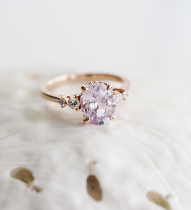 Classic engagement ring, Lavender Peach Sapphire Engagement Ring. Oval cut engagement ring in 14k rose gold by Eidelprecious image 7