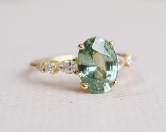 Warm Green Sapphire and Diamond 14k Yellow Gold Engagement Ring