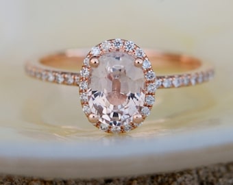 Peach Sapphire Ring, Peach Sapphire Engagement Ring, Peach Sapphire Ring, Oval Cut Engagement Ring, 14k Rose Gold