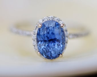 Sapphire engagement ring. Blue sapphire engagement ring. 2ct Oval Cornflower blue sapphire diamond ring 14k white gold engagement