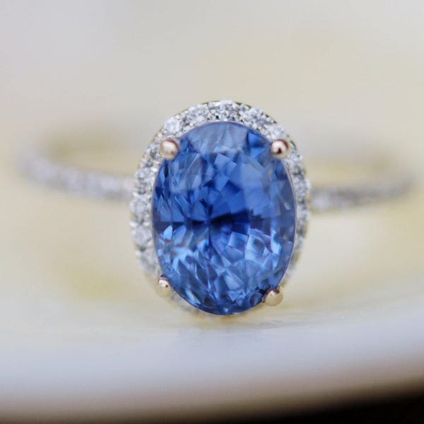 Sapphire engagement ring. Blue sapphire engagement ring. 2ct Oval Cornflower blue sapphire diamond ring 14k white gold engagement