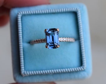 Customized - Jean Blue sapphire ring. Blake Lively engagement ring  Blue Sapphire 14k rose gold diamond ring. Emerald cut ring.