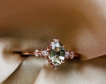 Elvira spring green sapphire ring gold. Green sapphire diamond Fantasy ring. Whimsical gold engagement ring. Enchanted sapphire diamond ring